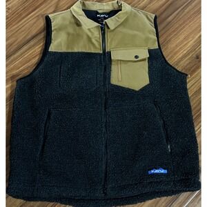KAVU Fleece Deep Pile Sherpa Canvas Full Zip Vest Mens Brown Gray Size XL